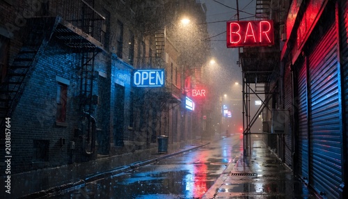 Rainy Night Alley with Neon Signs - Open Bar