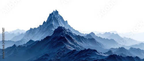 Serene blue layered mountains with a clear white sky