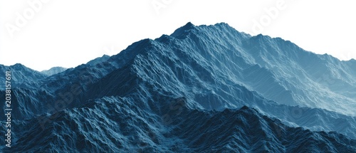 Blue, textured mountain range against a white sky