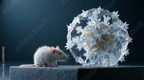 White Laboratory Mouse Beside Large Microscopic Virus Model on Dark Background