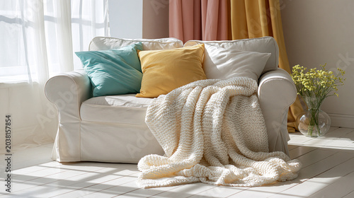 Cozy White Sofa with Blankets and Colorful Pillows in Sunlit Living Room