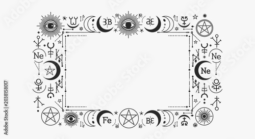 Tableau sur toile Mystical Celestial Border Frame with Esoteric Symbols, Stars, and Moons