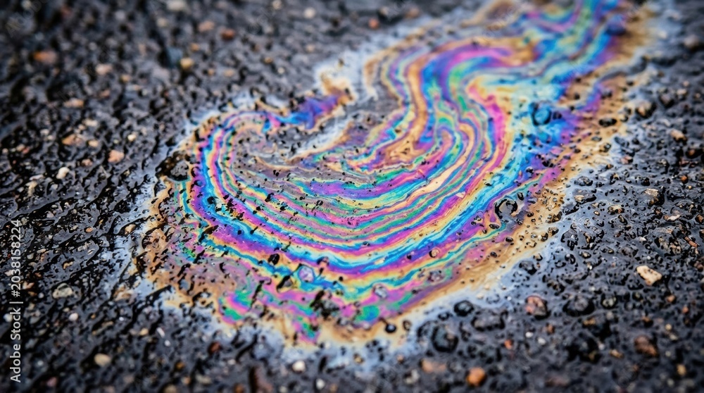 Obraz premium A rainbow-colored oil spill lies on the ground, creating a striking pattern.