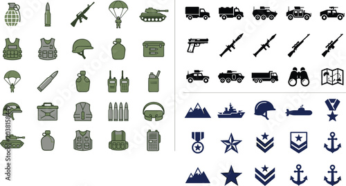Cuadro en lienzo Military Equipment and Vehicle Icon Set in Flat Vector Style for Defense and Tac