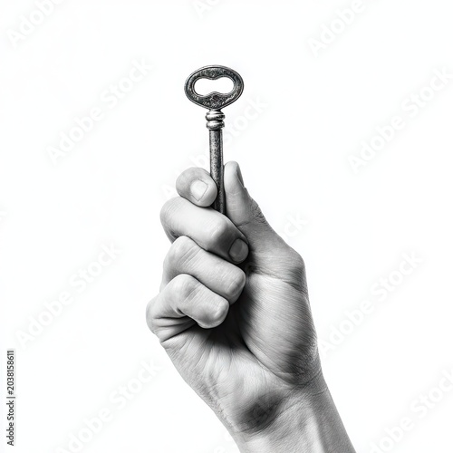 Hand holds a vintage key against a white backdrop