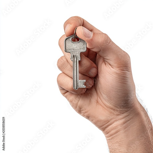 Hand holding a single, metal key against a white backdrop