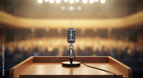 Retro microphone on wooden podium in empty conference hall.