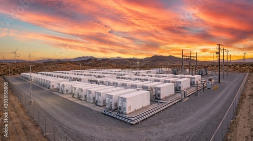 Battery storage containers deployed and connected at renewable energy facility in desert landscape during colorful sunset with distant wind turbines