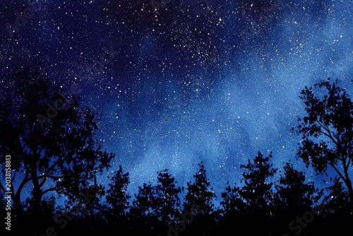 Dark night sky with stars over silhouetted trees