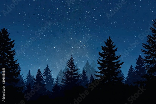 Silhouetted trees against a starry night sky