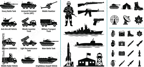 Quadro su tela Military Vehicles and Weapon Silhouette Set Featuring Tanks, Ships, Aircraft, an