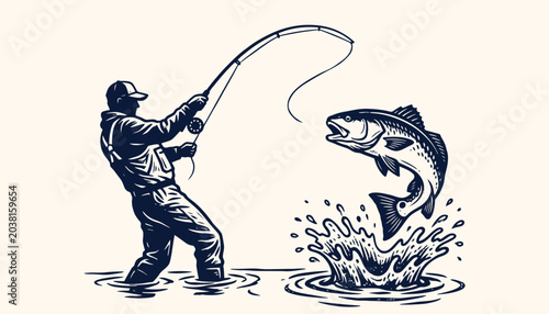 Angler reeling in a jumping redfish vector art for fishing apparel and outdoor club branding