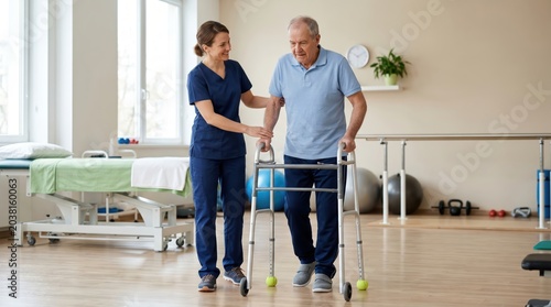 Physical therapist assisting elderly man using walker in rehabilitation gym with exercise equipment in background