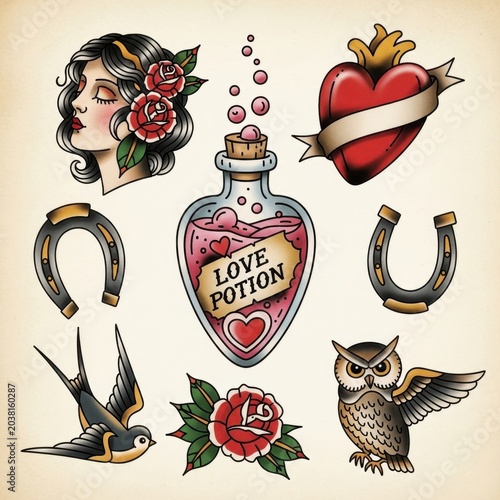 Vintage Tattoo Flash Sheet - Classic Designs and Symbols.