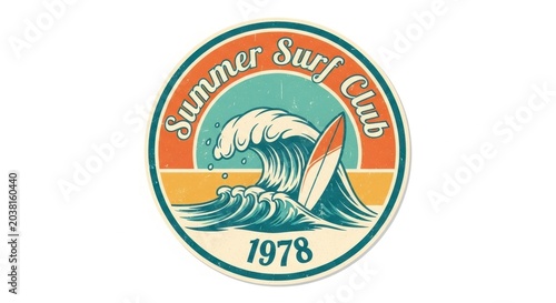 Vintage Summer Surf Club 1978 Emblem with Wave and Surfboard.