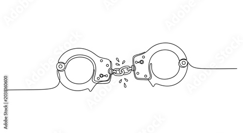 Obraz na plátně Broken Handcuffs, Symbol of Freedom, Escape, Justice, One Line Drawing