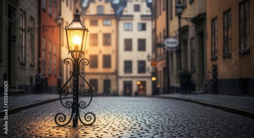 Vintage Street Lamp Illuminating a Cobblestone Alley in an Old European Town.