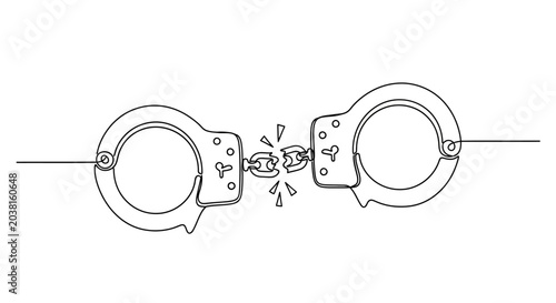 Tableau sur toile Broken Handcuffs, Symbol of Freedom and Release, Continuous Line Art