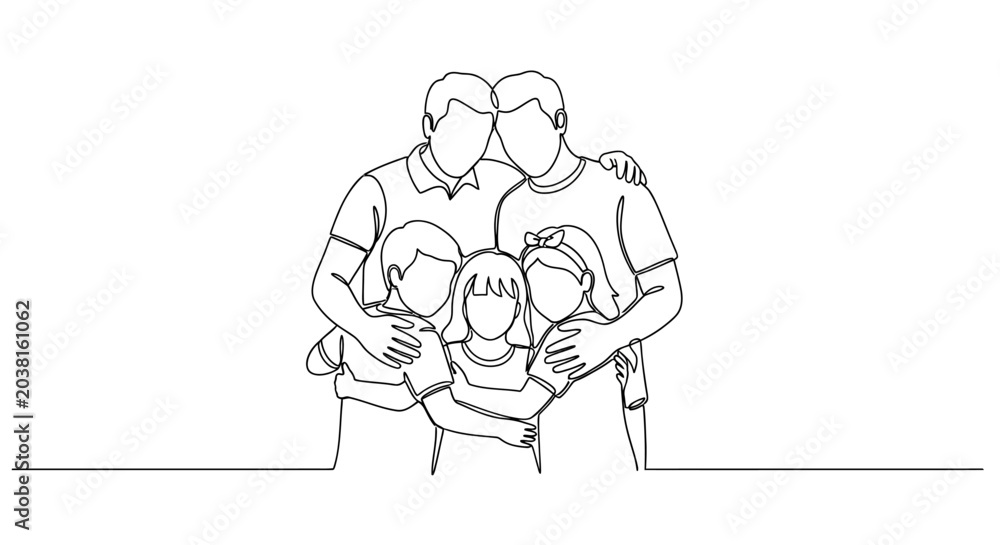 Fototapeta premium Minimalist Line Art Family Portrait: Two Dads, Two Kids Embracing Warmly
