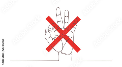 Foto Hand gesture forbidden, no symbol, red cross mark over fingers showing peace sig