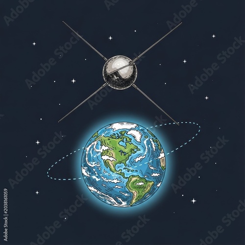 Vintage Sputnik Satellite Orbiting Earth in Space with Stars.