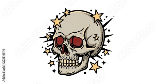 Vintage Skull Illustration with Red Eyes and Stars.