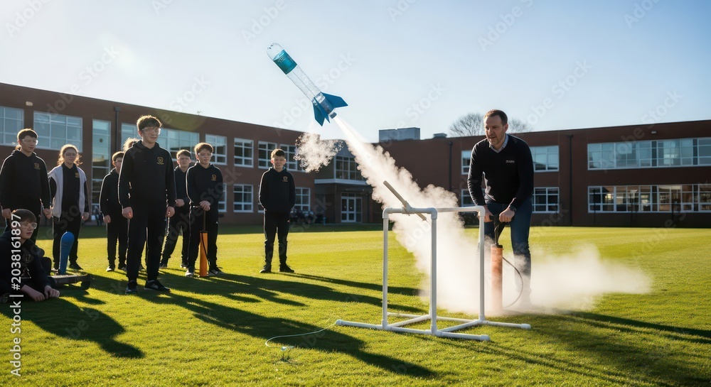 Fototapeta premium Students Conducting Foaming Volcano Science Experiment Outdoors.