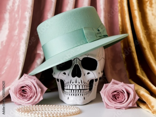 Pastel skull with flowers and hat surreal aesthetic still life composition