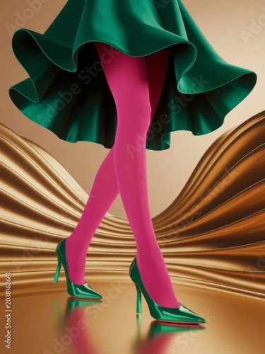 Fashionable female legs in pink tights and green high heels in geometric studio setting
