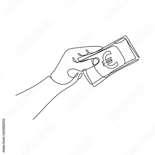 Hand offering euro banknotes continuous line drawing on white background