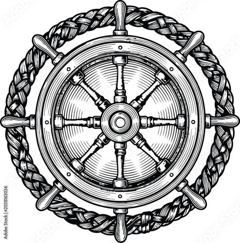 Foto Ornate nautical ship's wheel with thick braided rope detail in a classic engravi