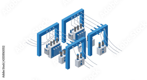 Isometric illustration of an electrical power distribution system with multiple transformers and wiring.