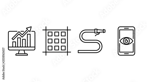 Four black line icons on white background