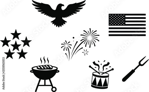 USA Independence Day Vector Icon Set with American Flag and Eagle