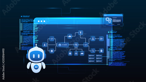 AI workflow automation artificial intelligence. ai agent network diagram dashboard machine learning data processing, coding and automation system.