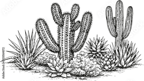 Obraz na płótnie Pen and ink a desert landscape with various cacti and succulents