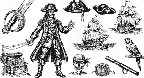 Bild auf Leinwand Pirate collection with ship treasure chest and sword in vintage engraving style