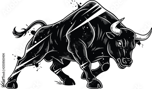 Εκτύπωση καμβά Powerful Black Bull Charging Forward with Energetic Motion During a Dynamic Disp