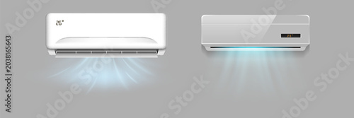 Photos Two wall-mounted air conditioners on a gray background, operating in cooling mode