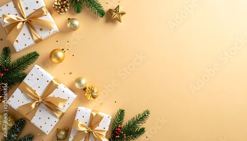 A festive arrangement of gifts and Christmas decorations on a gold background
