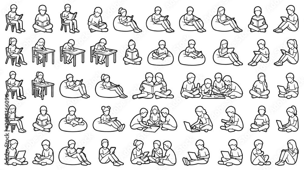 Fototapeta premium Minimal Line Art Children Reading and Studying Vector Icon Set with Kids Using Laptops and Books for Educational Design