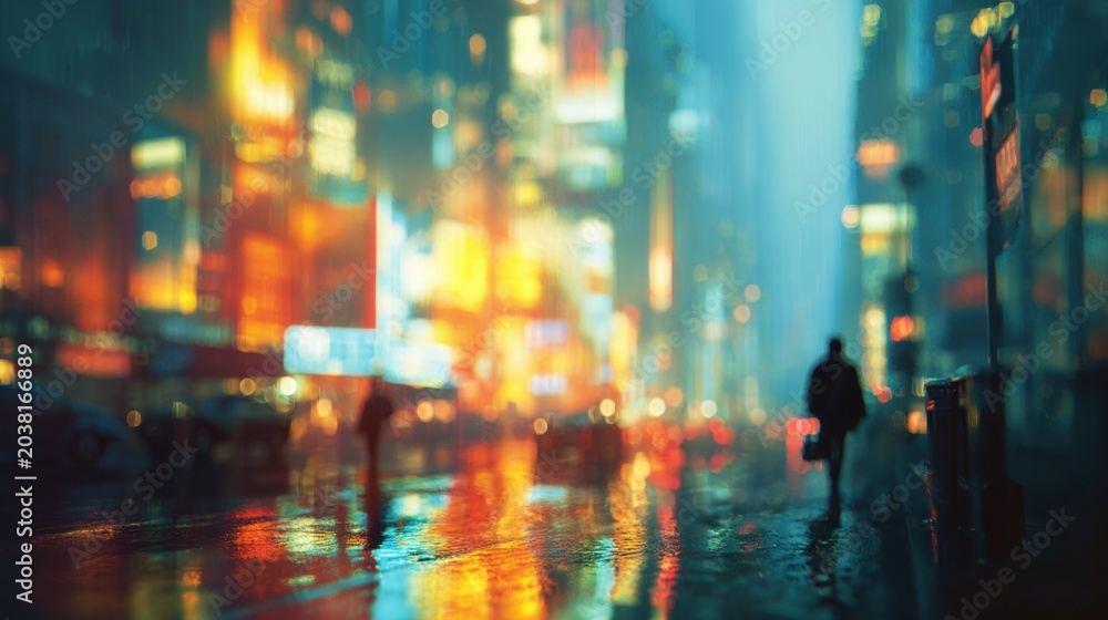 Fototapeta premium Vibrant Nighttime City Scene with Bright Lights and Pedestrians on Wet Streets
