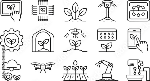 Foto Smart farming and automated agriculture technology line icon set with drones rob