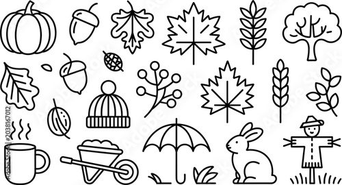 Bild auf Leinwand Autumn and fall season line icon set with pumpkin leaves maple scarecrow and rab