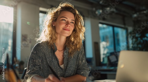 Female Graphic Designer Smiling Confidently Sitting at Her Modern Desk in Office