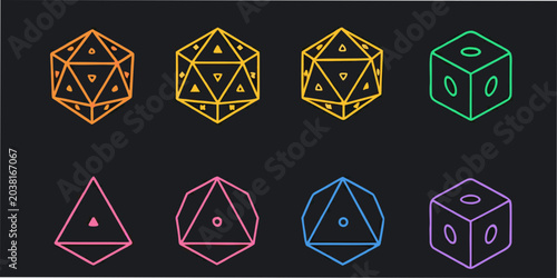 Tableau sur toile Polyhedral Dice Collection Linear Vector Illustration On Dark Background