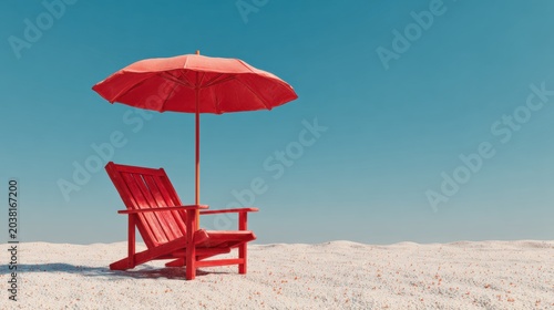 Bright Red Beach Lounge Chair with Umbrella on Sandy Shore under Clear Sky