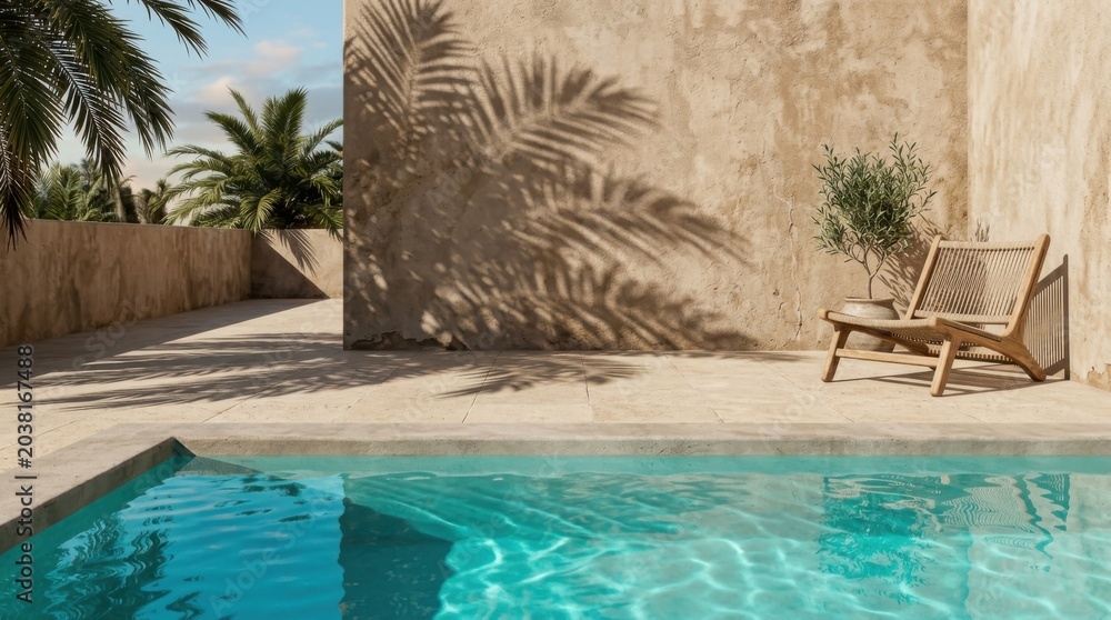 Fototapeta premium Sunny poolside patio with tropical palm leaves casting shadows on a rustic wall, chair