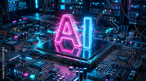 AI neon letters on circuit board