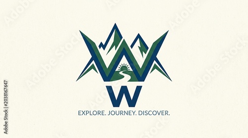 Stylized Mountain W Logo with Explore Journey Discover Text.